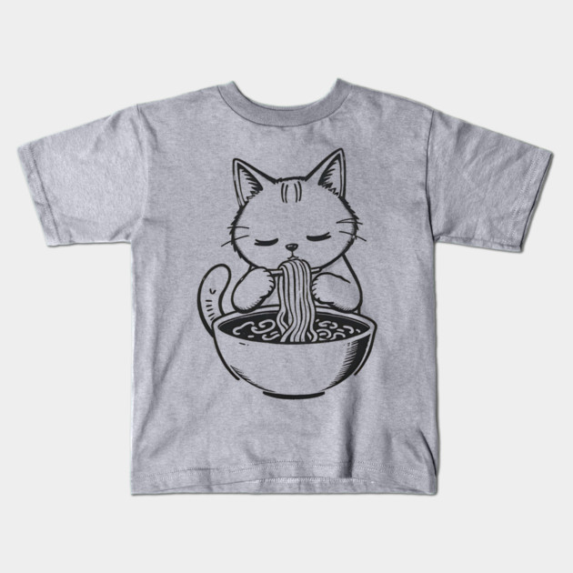 Cat Eating Ramen, Japanese Kawaii Anime for Cat Lovers, Men, Women, Kids Kids T-Shirt by Pixel Threads 