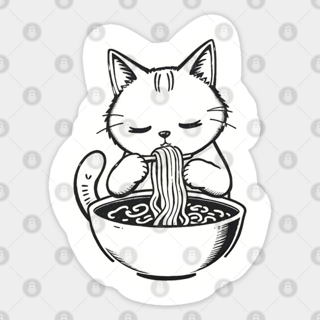 Cat Eating Ramen, Japanese Kawaii Anime for Cat Lovers, Men, Women, Kids Sticker by Pixel Threads 
