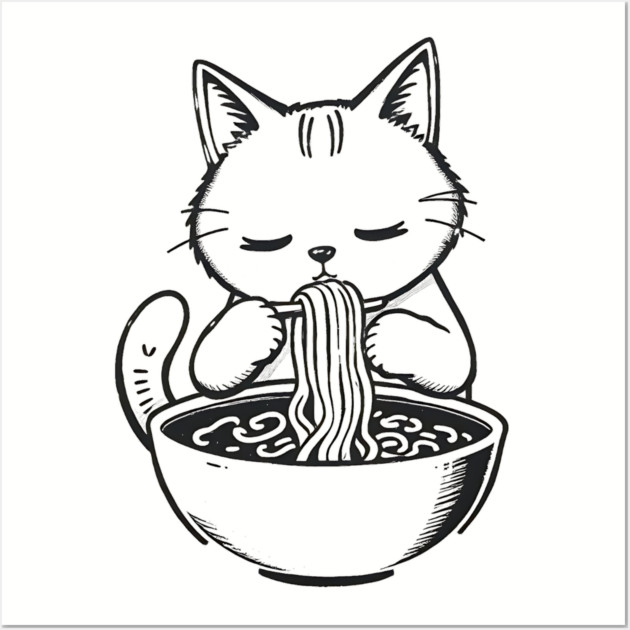 Cat Eating Ramen, Japanese Kawaii Anime for Cat Lovers, Men, Women, Kids Wall Art by Pixel Threads 