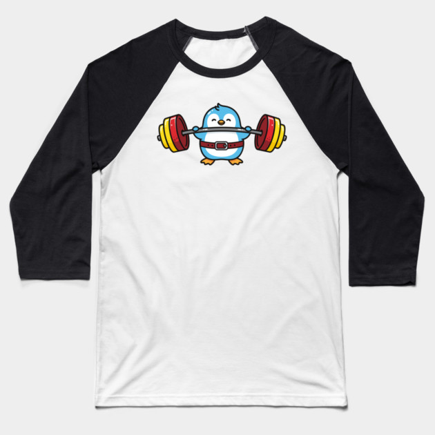 Penguin Powerlifter Baseball T-Shirt by enrynz