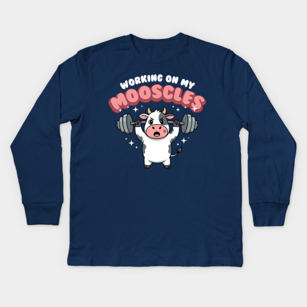 Moo-scular Cow Workout Humor Kids Long Sleeve T-Shirt by enrynz