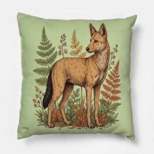 Asian Wild Dog Autumn Ferns Vintage Art Pillow