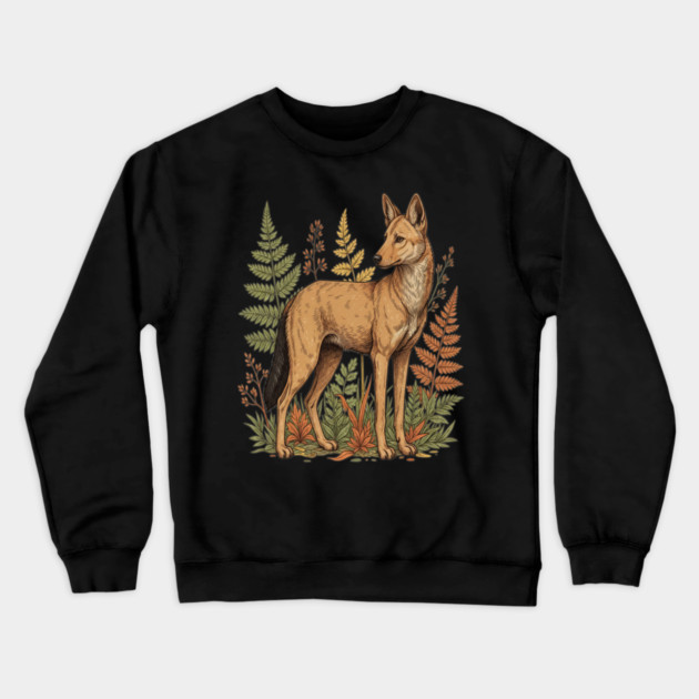 Asian Wild Dog Autumn Ferns Vintage Art Crewneck Sweatshirt by BirdsnStuff