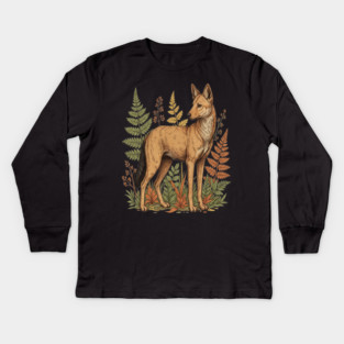Asian Wild Dog Autumn Ferns Vintage Art Kids Long Sleeve T-Shirt