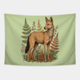 Asian Wild Dog Autumn Ferns Vintage Art Tapestry