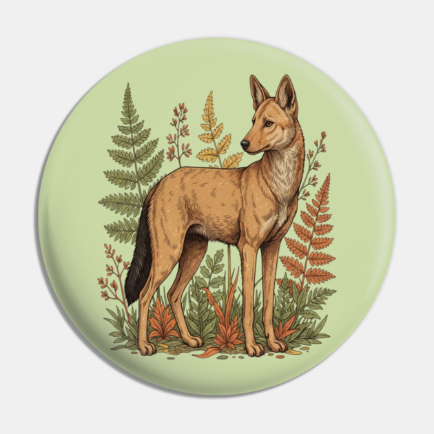 Asian Wild Dog Autumn Ferns Vintage Art Pin by BirdsnStuff
