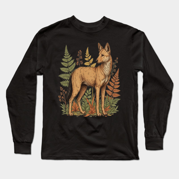 Asian Wild Dog Autumn Ferns Vintage Art Long Sleeve T-Shirt by BirdsnStuff