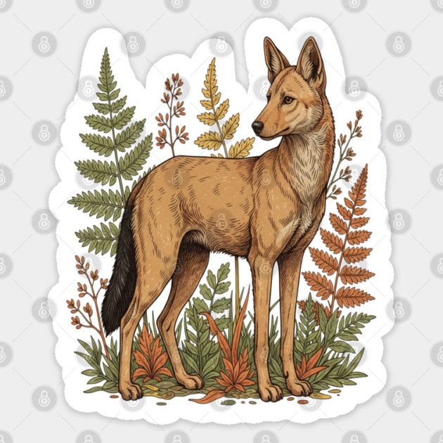 Asian Wild Dog Autumn Ferns Vintage Art Sticker by BirdsnStuff