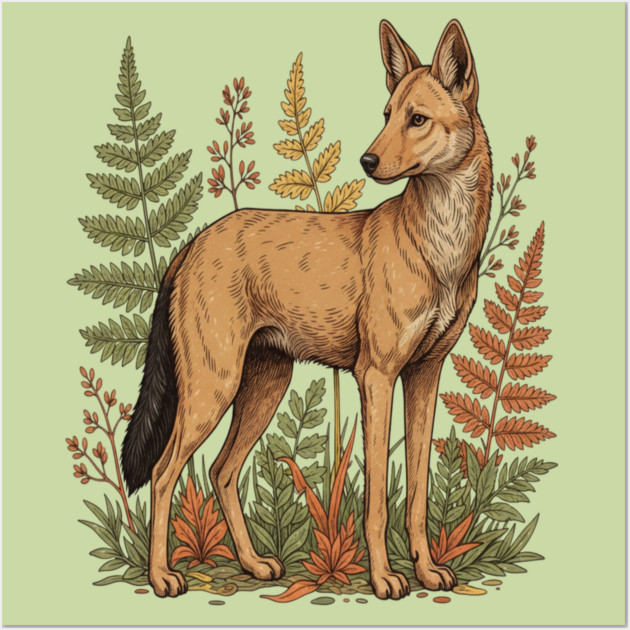 Asian Wild Dog Autumn Ferns Vintage Art Wall Art by BirdsnStuff