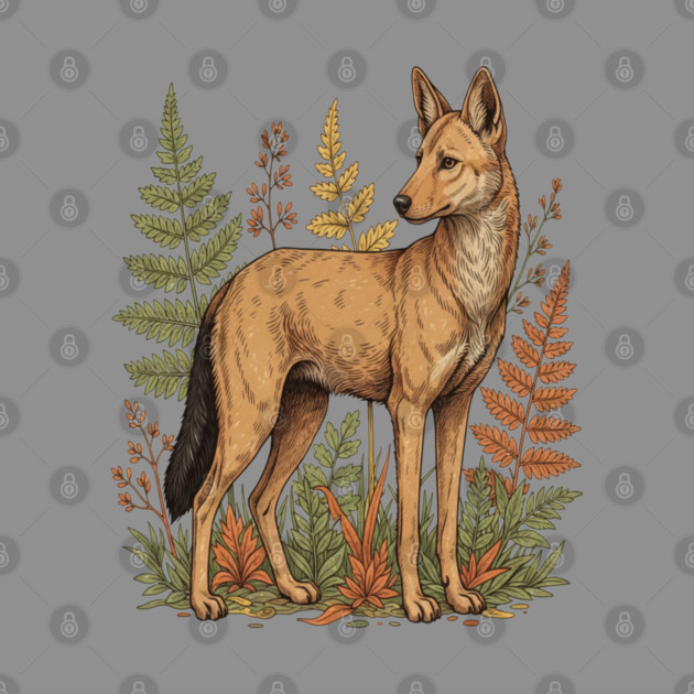 Asian Wild Dog Autumn Ferns Vintage Art by BirdsnStuff