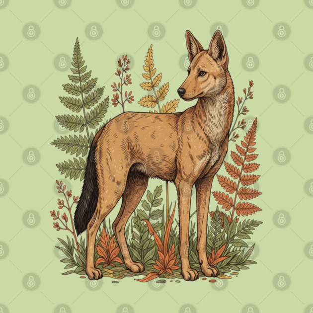 Asian Wild Dog Autumn Ferns Vintage Art by BirdsnStuff