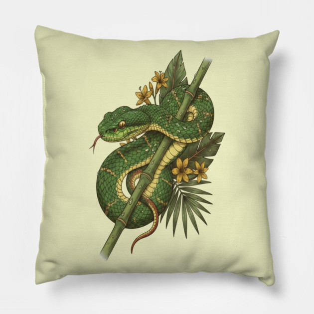 Bamboo Pit Viper Rainforest Vintage Art Pillow by BirdsnStuff