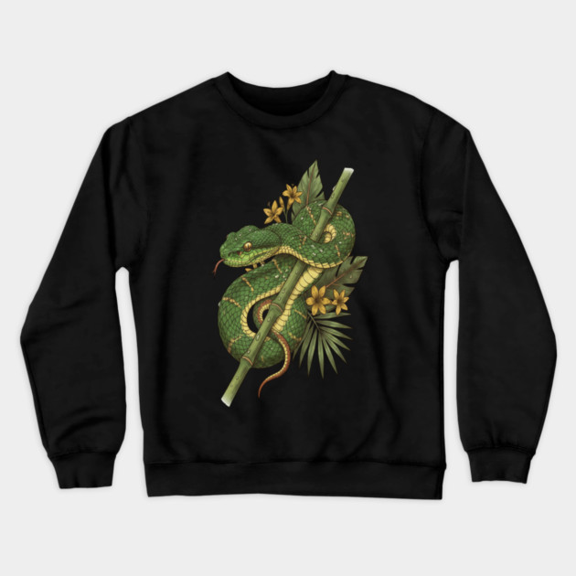 Bamboo Pit Viper Rainforest Vintage Art Crewneck Sweatshirt by BirdsnStuff