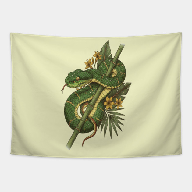 Bamboo Pit Viper Rainforest Vintage Art Tapestry by BirdsnStuff