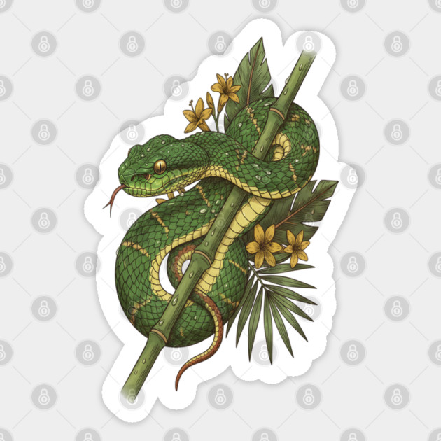 Bamboo Pit Viper Rainforest Vintage Art Sticker by BirdsnStuff