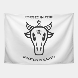 Forged in Fire Rooted in Earth – Cow Skull Spiritual Gothic Tapestry