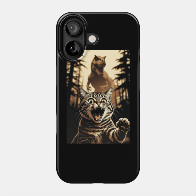 Cat Dinosaur Gift for Women, Men & Kids, Scared Cat Selfie with Dinosaur Phone Case by Pixel Threads 