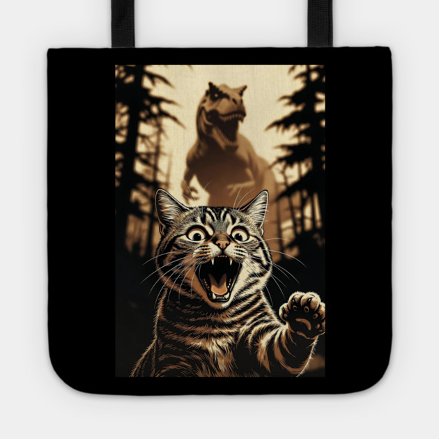Cat Dinosaur Gift for Women, Men & Kids, Scared Cat Selfie with Dinosaur Tote by Pixel Threads 