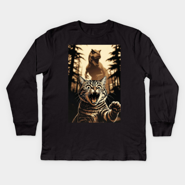 Cat Dinosaur Gift for Women, Men & Kids, Scared Cat Selfie with Dinosaur Kids Long Sleeve T-Shirt by Pixel Threads 