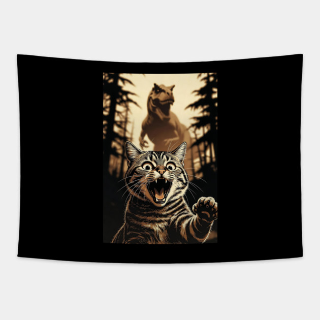 Cat Dinosaur Gift for Women, Men & Kids, Scared Cat Selfie with Dinosaur Tapestry by Pixel Threads 