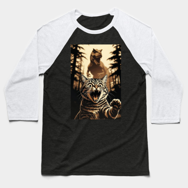 Cat Dinosaur Gift for Women, Men & Kids, Scared Cat Selfie with Dinosaur Baseball T-Shirt by Pixel Threads 