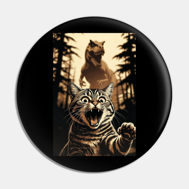 Cat Dinosaur Gift for Women, Men & Kids, Scared Cat Selfie with Dinosaur Pin by Pixel Threads 