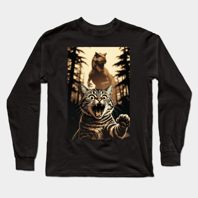 Cat Dinosaur Gift for Women, Men & Kids, Scared Cat Selfie with Dinosaur Long Sleeve T-Shirt by Pixel Threads 