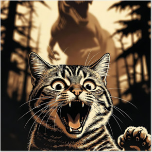 Cat Dinosaur Gift for Women, Men & Kids, Scared Cat Selfie with Dinosaur Posters and Art