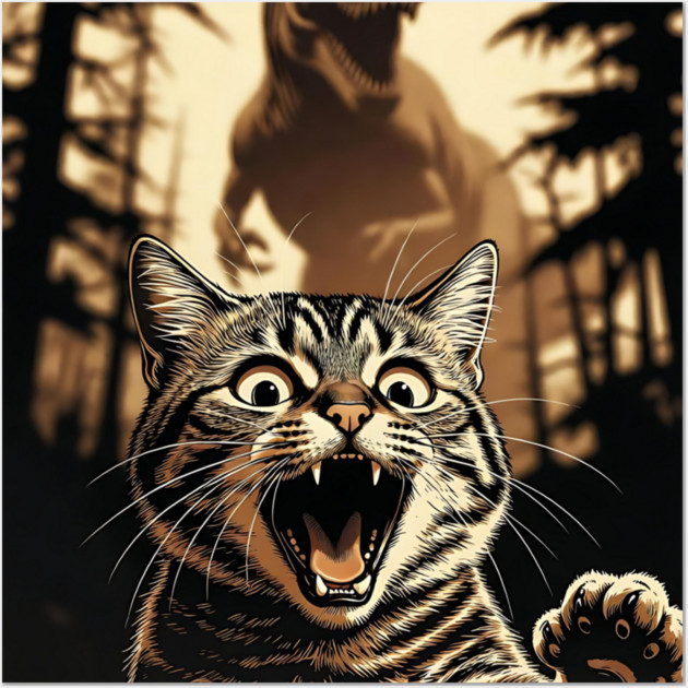 Cat Dinosaur Gift for Women, Men & Kids, Scared Cat Selfie with Dinosaur Wall Art by Pixel Threads 