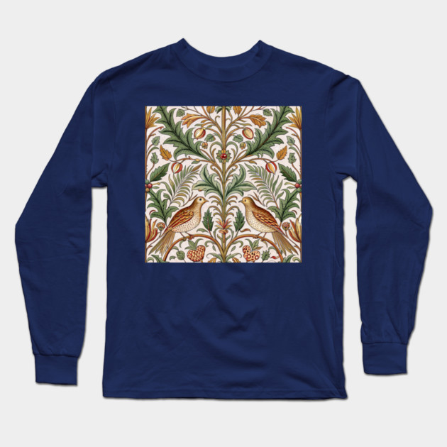 Vintage Birds and Foliage Pattern – Arts and Crafts Inspired  Design Long Sleeve T-Shirt by DonWillisJrArt