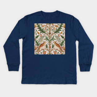 Vintage Birds and Foliage Pattern – Arts and Crafts Inspired  Design Kids Long Sleeve T-Shirt