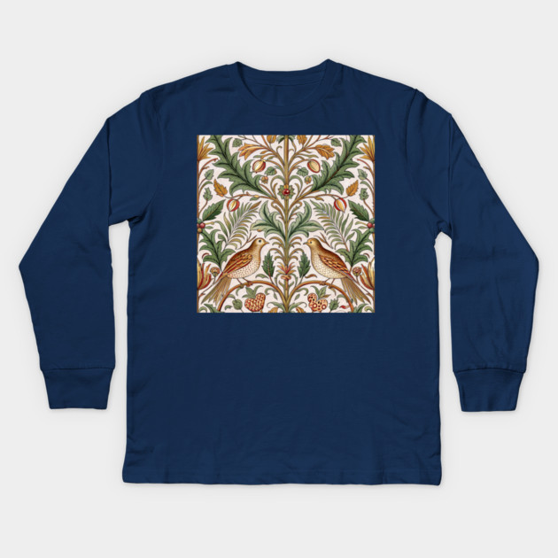 Vintage Birds and Foliage Pattern – Arts and Crafts Inspired  Design Kids Long Sleeve T-Shirt by DonWillisJrArt