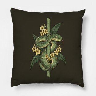 Bamboo Pit Viper Jungle Blossoms Vintage Art Pillow