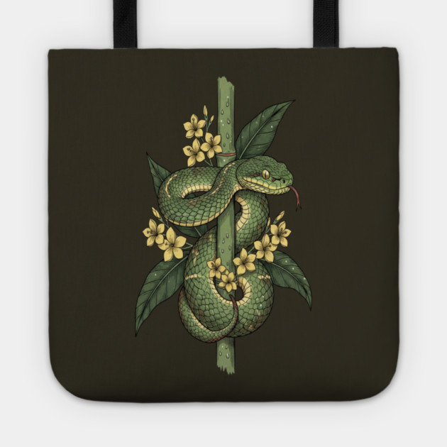 Bamboo Pit Viper Jungle Blossoms Vintage Art Tote by BirdsnStuff