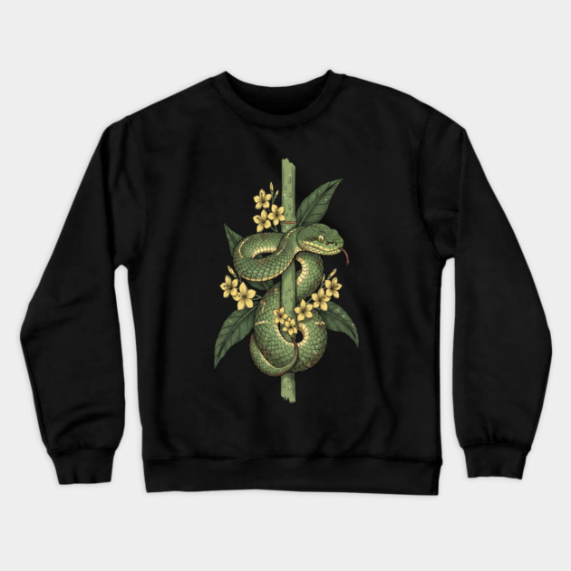 Bamboo Pit Viper Jungle Blossoms Vintage Art Crewneck Sweatshirt by BirdsnStuff