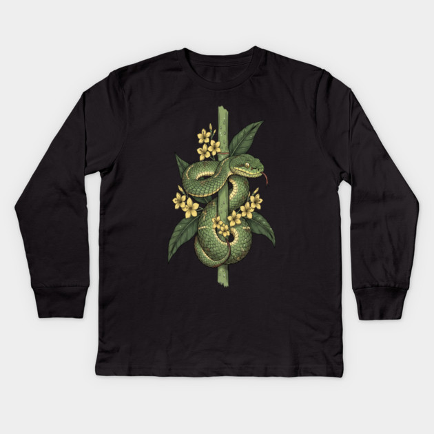 Bamboo Pit Viper Jungle Blossoms Vintage Art Kids Long Sleeve T-Shirt by BirdsnStuff
