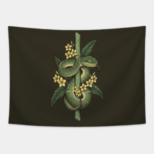 Bamboo Pit Viper Jungle Blossoms Vintage Art Tapestry