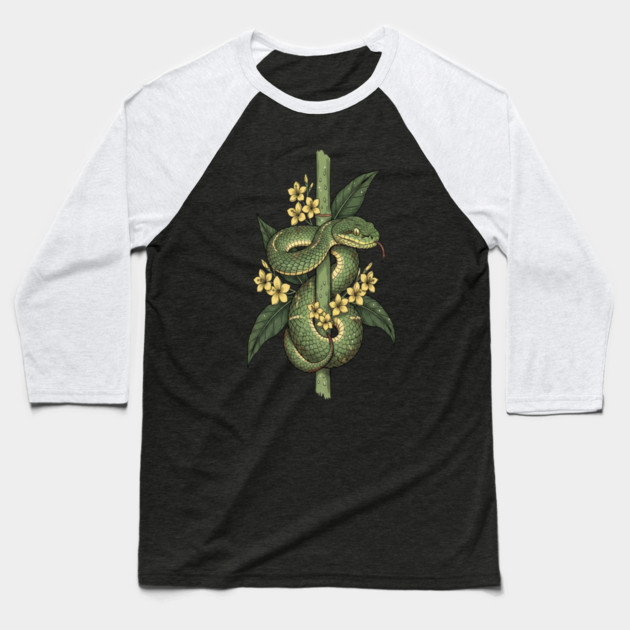Bamboo Pit Viper Jungle Blossoms Vintage Art Baseball T-Shirt by BirdsnStuff
