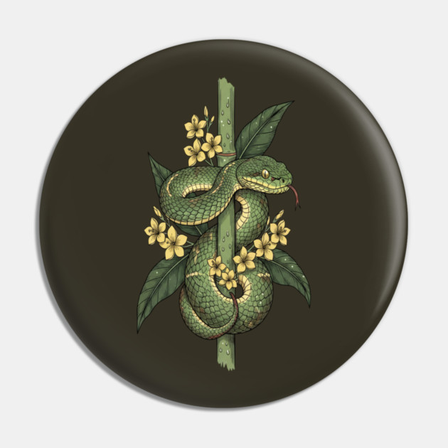 Bamboo Pit Viper Jungle Blossoms Vintage Art Pin by BirdsnStuff