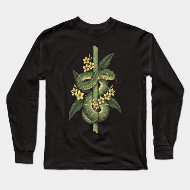 Bamboo Pit Viper Jungle Blossoms Vintage Art Long Sleeve T-Shirt by BirdsnStuff