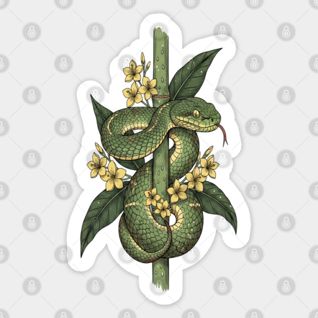 Bamboo Pit Viper Jungle Blossoms Vintage Art Sticker by BirdsnStuff