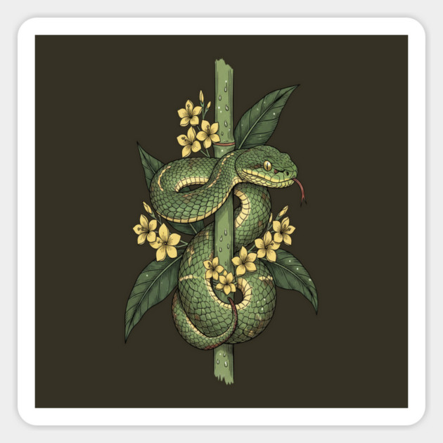Bamboo Pit Viper Jungle Blossoms Vintage Art Magnet by BirdsnStuff