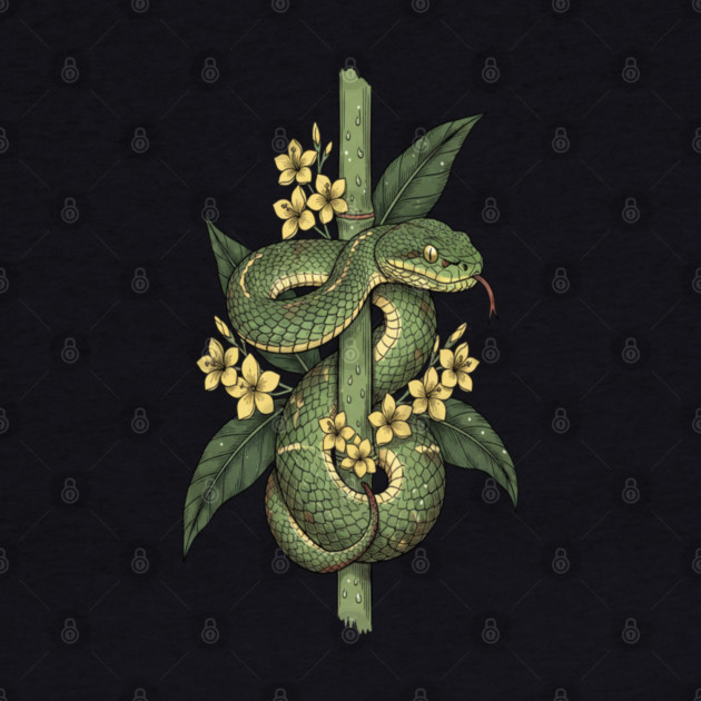 Bamboo Pit Viper Jungle Blossoms Vintage Art by BirdsnStuff