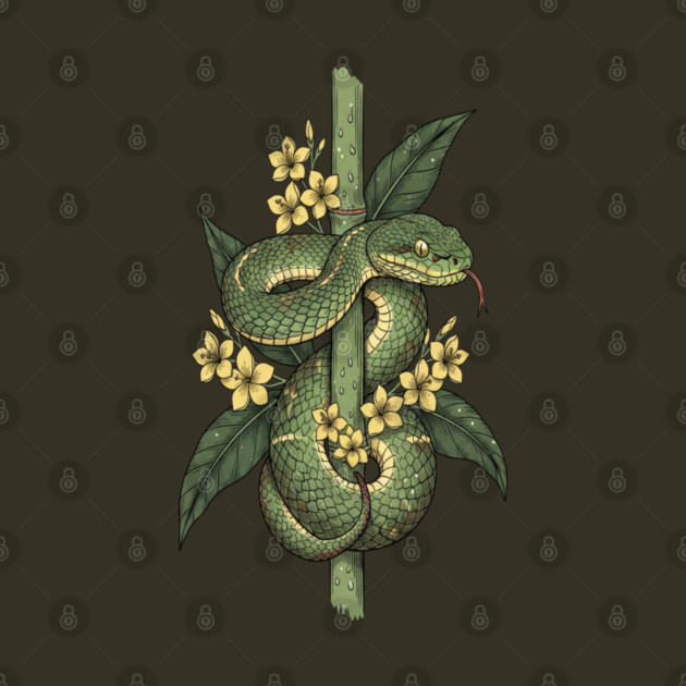 Bamboo Pit Viper Jungle Blossoms Vintage Art by BirdsnStuff