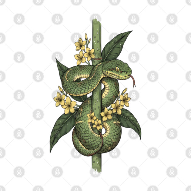 Bamboo Pit Viper Jungle Blossoms Vintage Art by BirdsnStuff