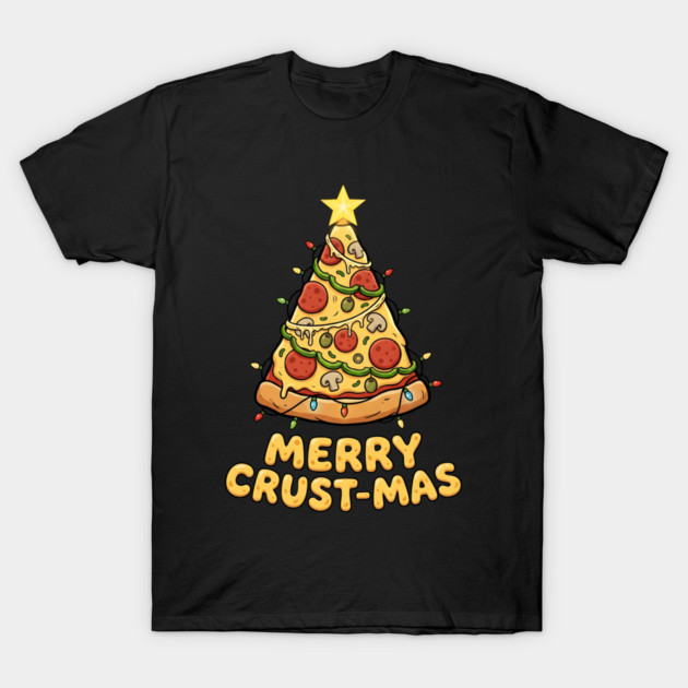 Merry Crustmas Pizza Christmas Tree Lights T-Shirt by Creatifly Graphic Tees