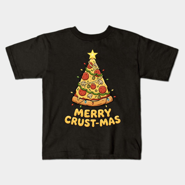 Merry Crustmas Pizza Christmas Tree Lights Kids T-Shirt by Creatifly Graphic Tees
