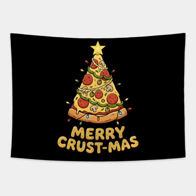 Merry Crustmas Pizza Christmas Tree Lights Tapestry by Creatifly Graphic Tees