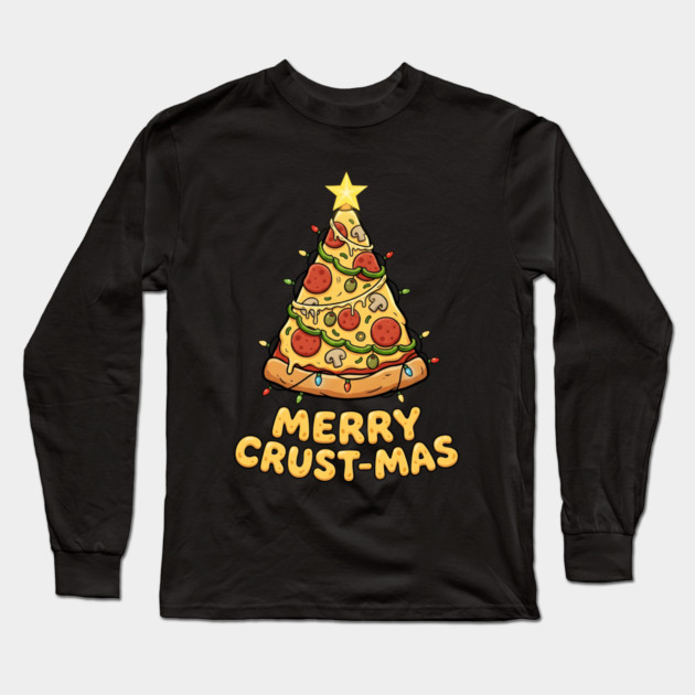 Merry Crustmas Pizza Christmas Tree Lights Long Sleeve T-Shirt by Creatifly Graphic Tees