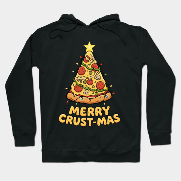 Merry Crustmas Pizza Christmas Tree Lights Hoodie by Creatifly Graphic Tees